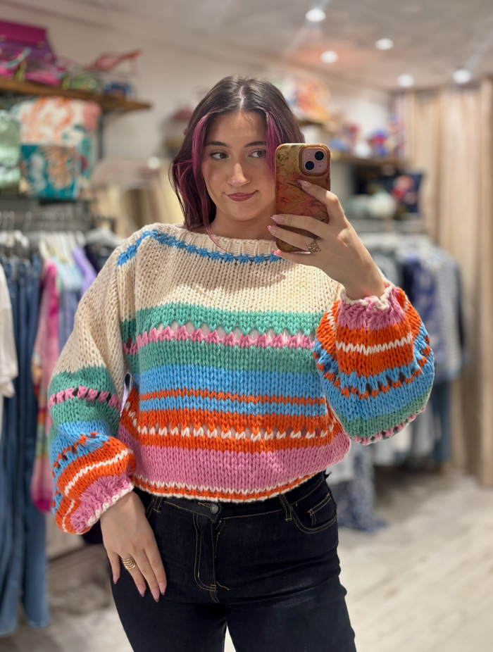 Bright Chunky Knit Striped Sweater | Cream/Green Multi