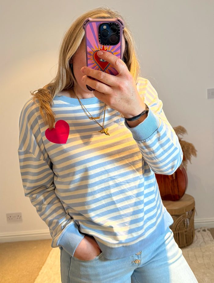 Heart Detail Stripe Sweatshirt | Light Blue/White