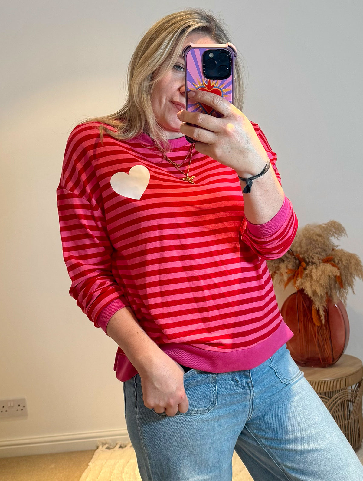 Heart Detail Stripe Sweatshirt | Red/Pink