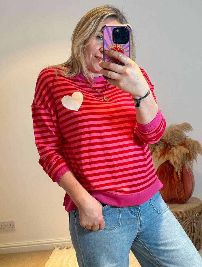 Heart Detail Stripe Sweatshirt | Red/Pink