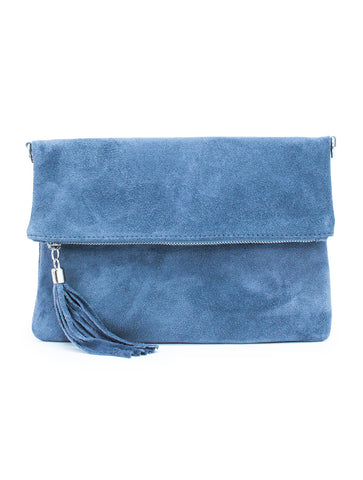 Suede Foldover Clutch/Cross Body Bag | Denim Blue