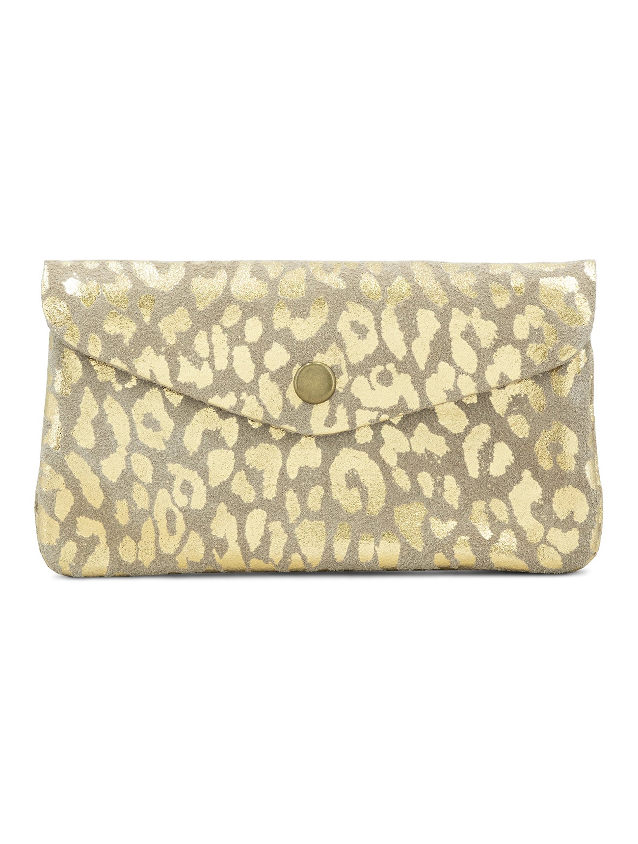 Large Suede Metallic Leopard Button Purse | Beige/Gold