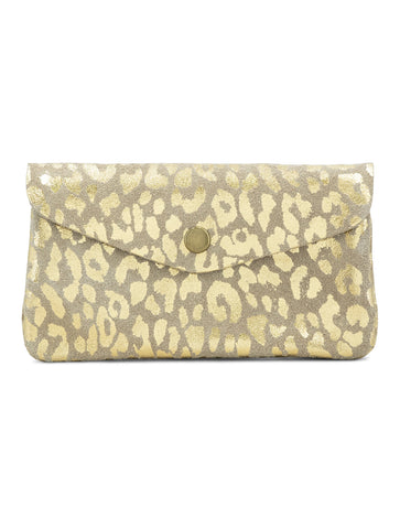 Large Suede Metallic Leopard Button Purse | Beige/Gold