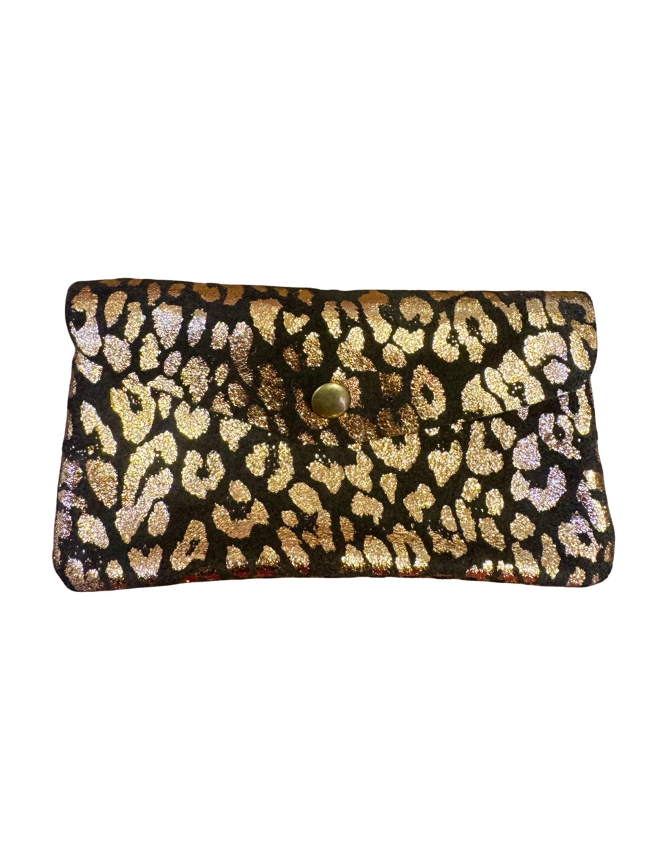 Large Suede Metallic Leopard Button Purse | Dark Brown/Gold