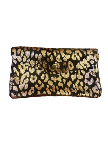Large Suede Metallic Leopard Button Purse | Dark Brown/Gold