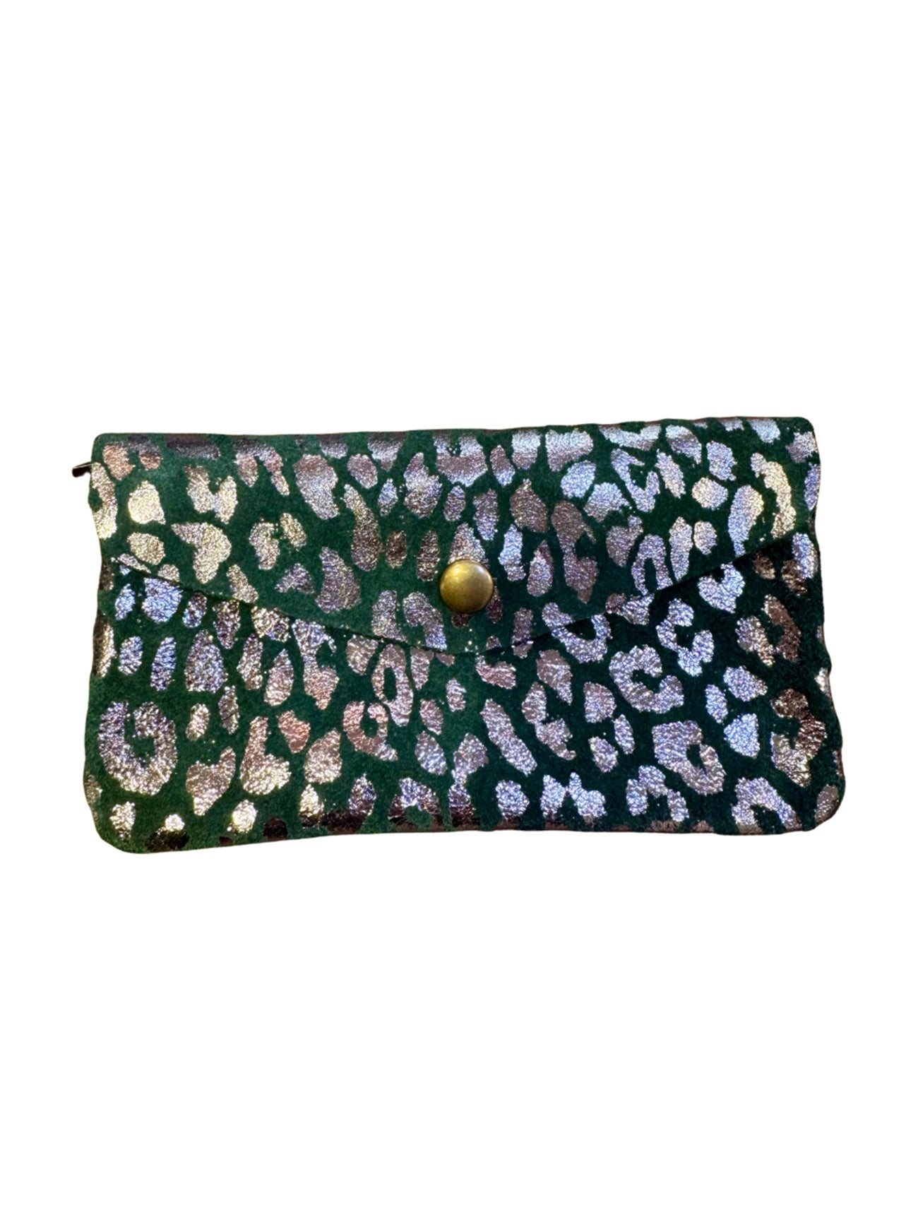 Large Suede Metallic Leopard Button Purse | Forest Green/Silver