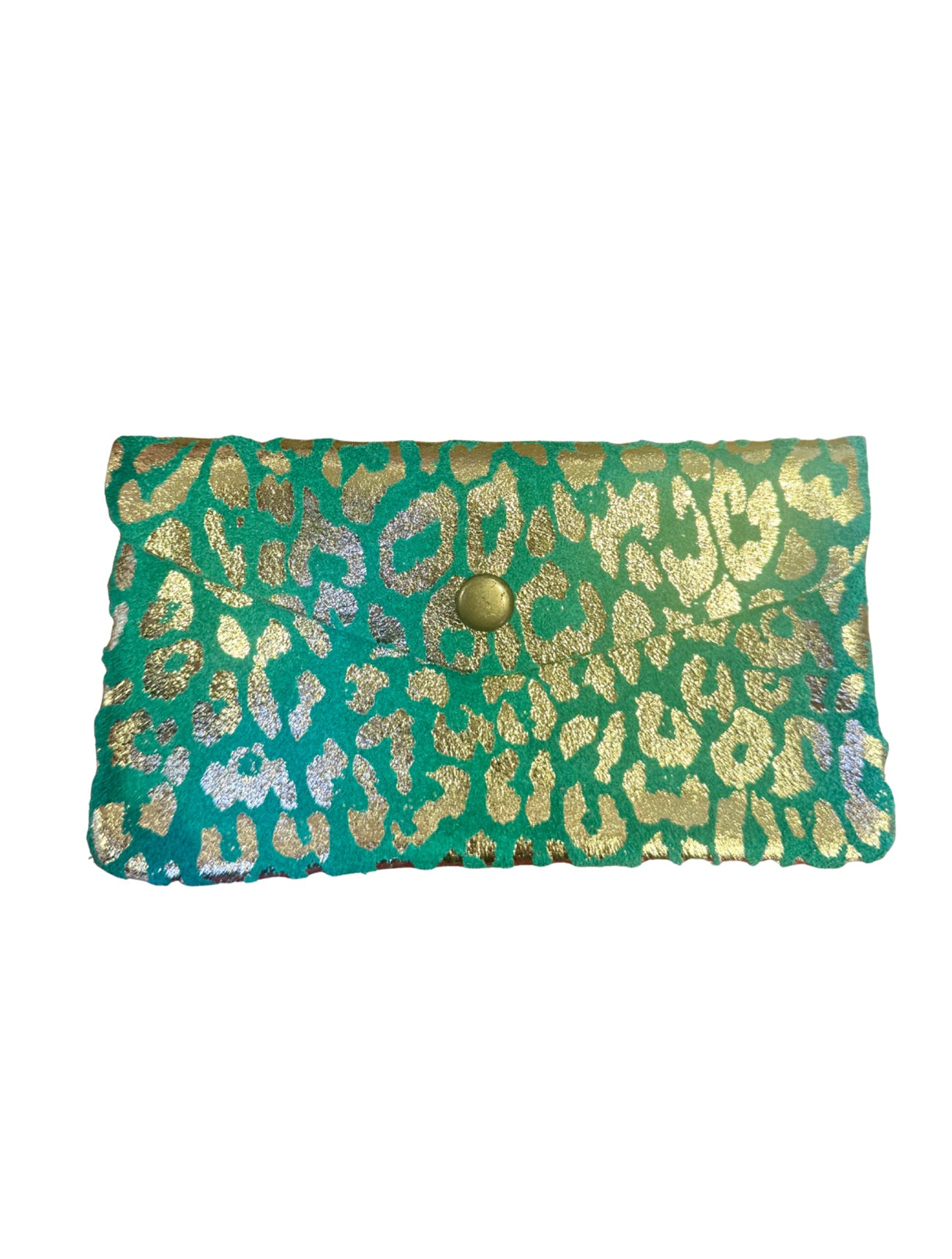 Large Suede Metallic Leopard Button Purse | Jade/Gold