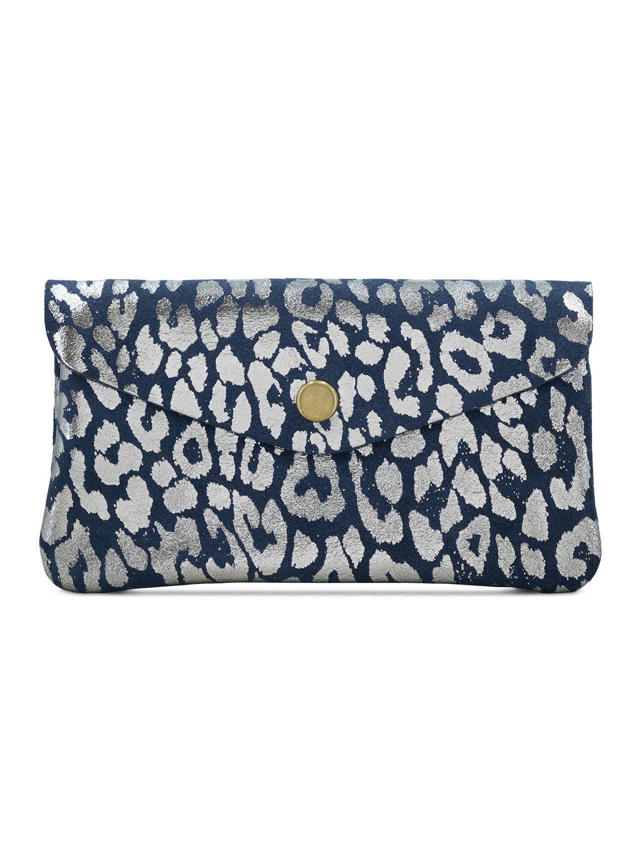 Large Suede Metallic Leopard Button Purse | Navy/Silver