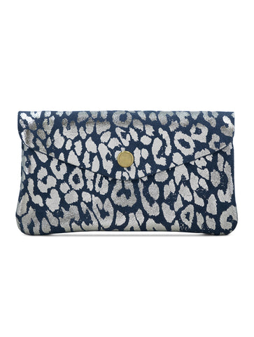 Large Suede Metallic Leopard Button Purse | Navy/Silver