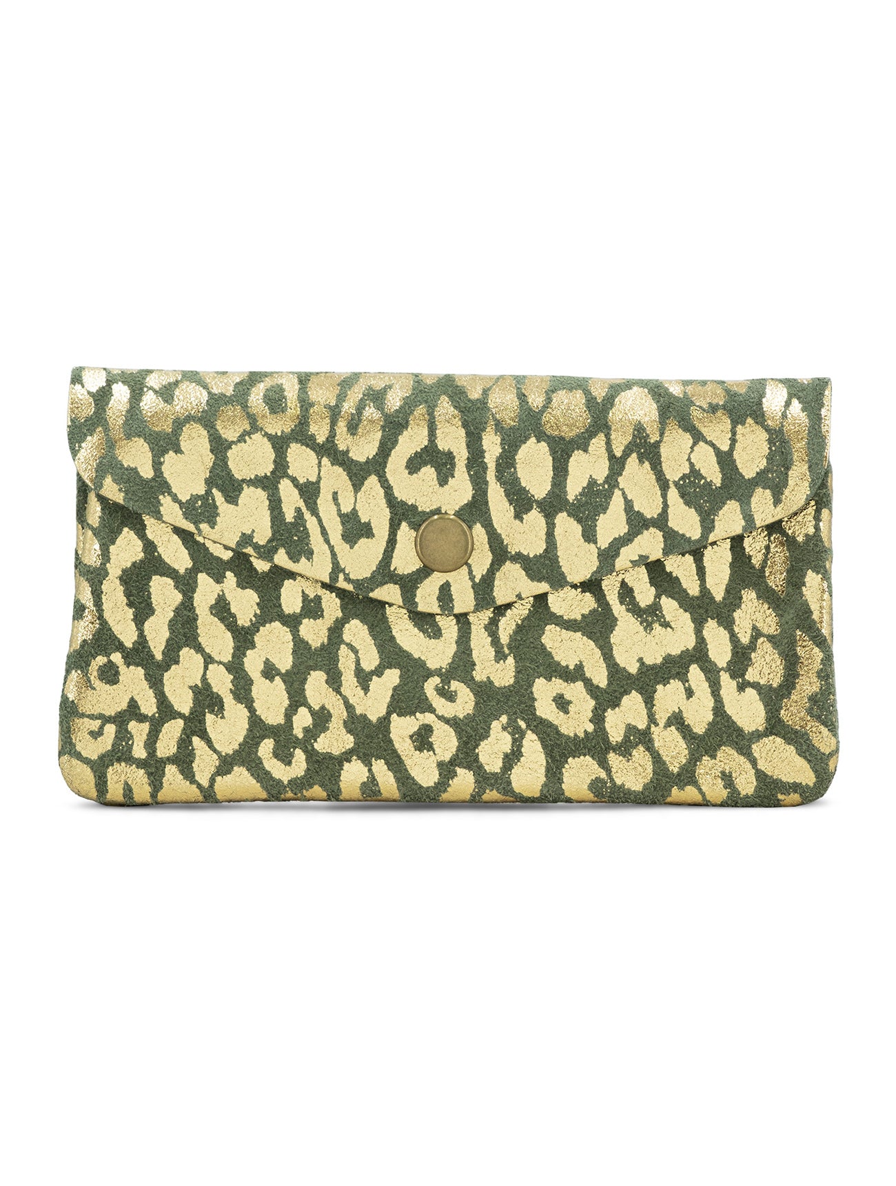 Large Suede Metallic Leopard Button Purse | Olive/Gold