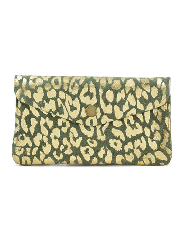 Large Suede Metallic Leopard Button Purse | Olive/Gold