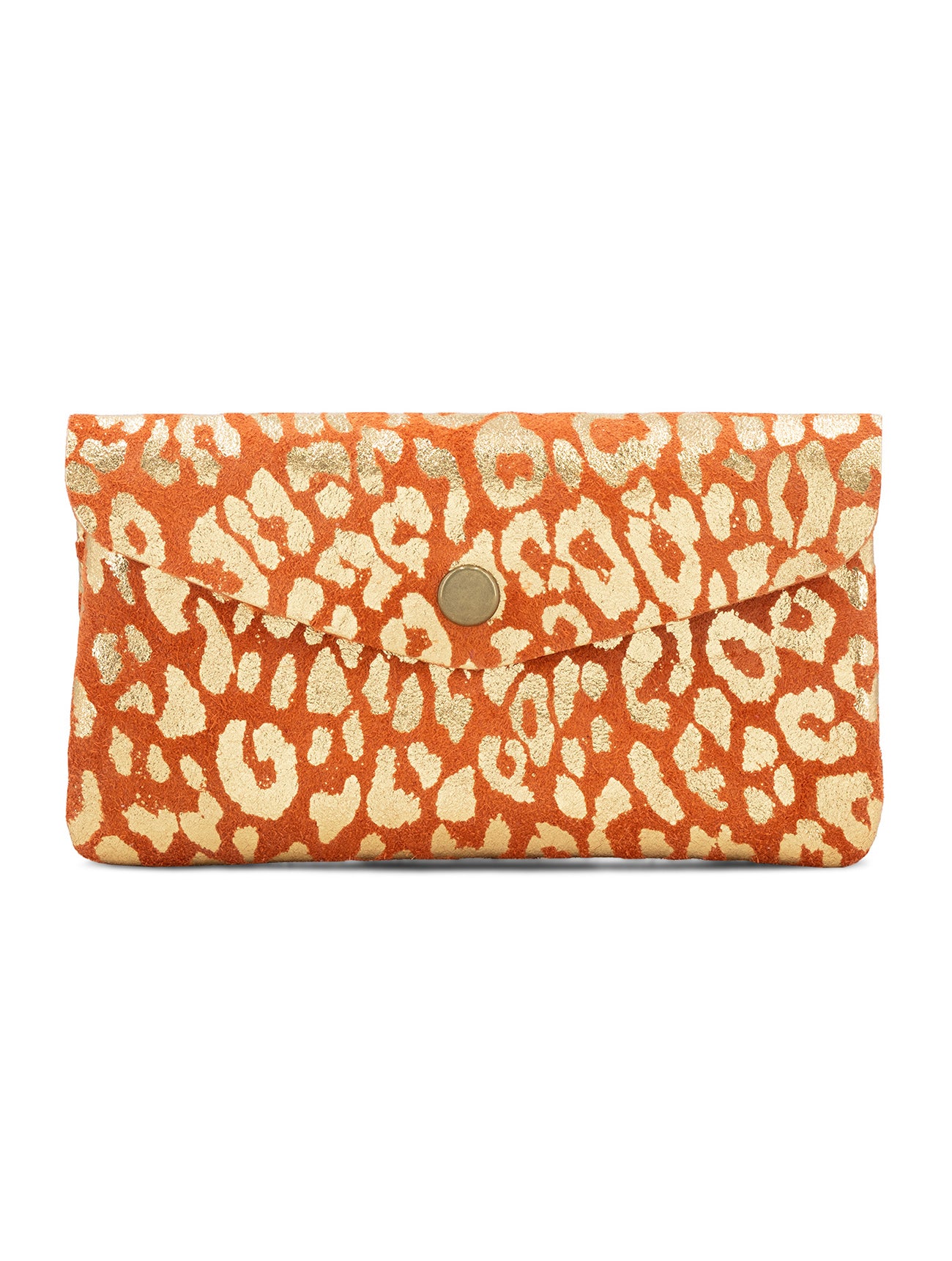Large Suede Metallic Leopard Button Purse | Orange/Gold