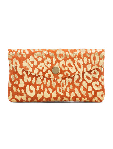Large Suede Metallic Leopard Button Purse | Orange/Gold