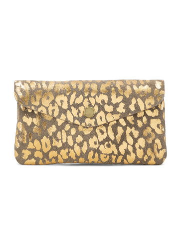 Large Suede Metallic Leopard Button Purse | Taupe/Rose Gold