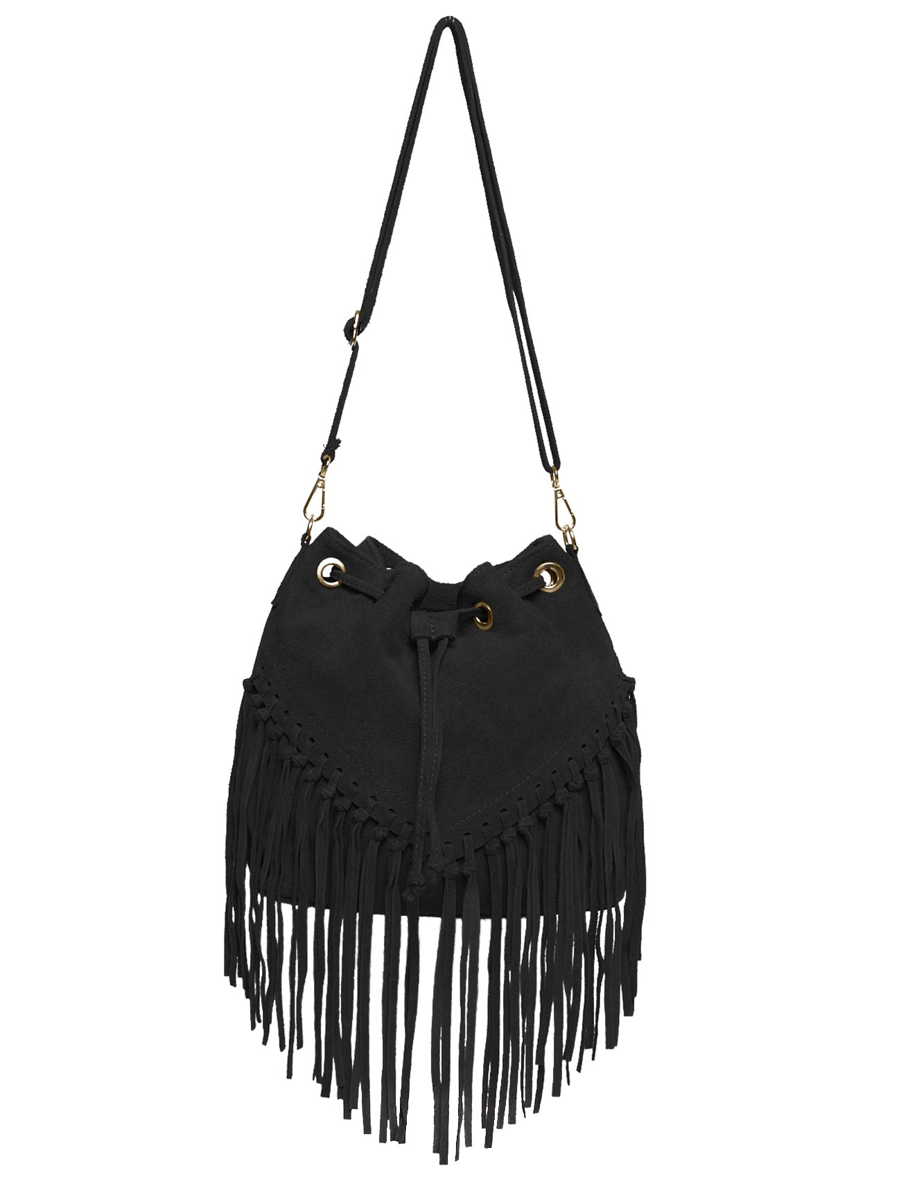 Suede Leather Fringed Bucket Bag | Black