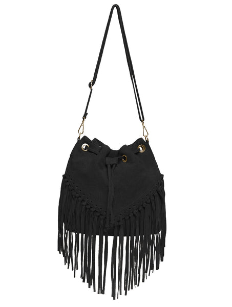 Suede Leather Fringed Bucket Bag | Black