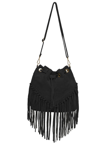 Suede Leather Fringed Bucket Bag | Black