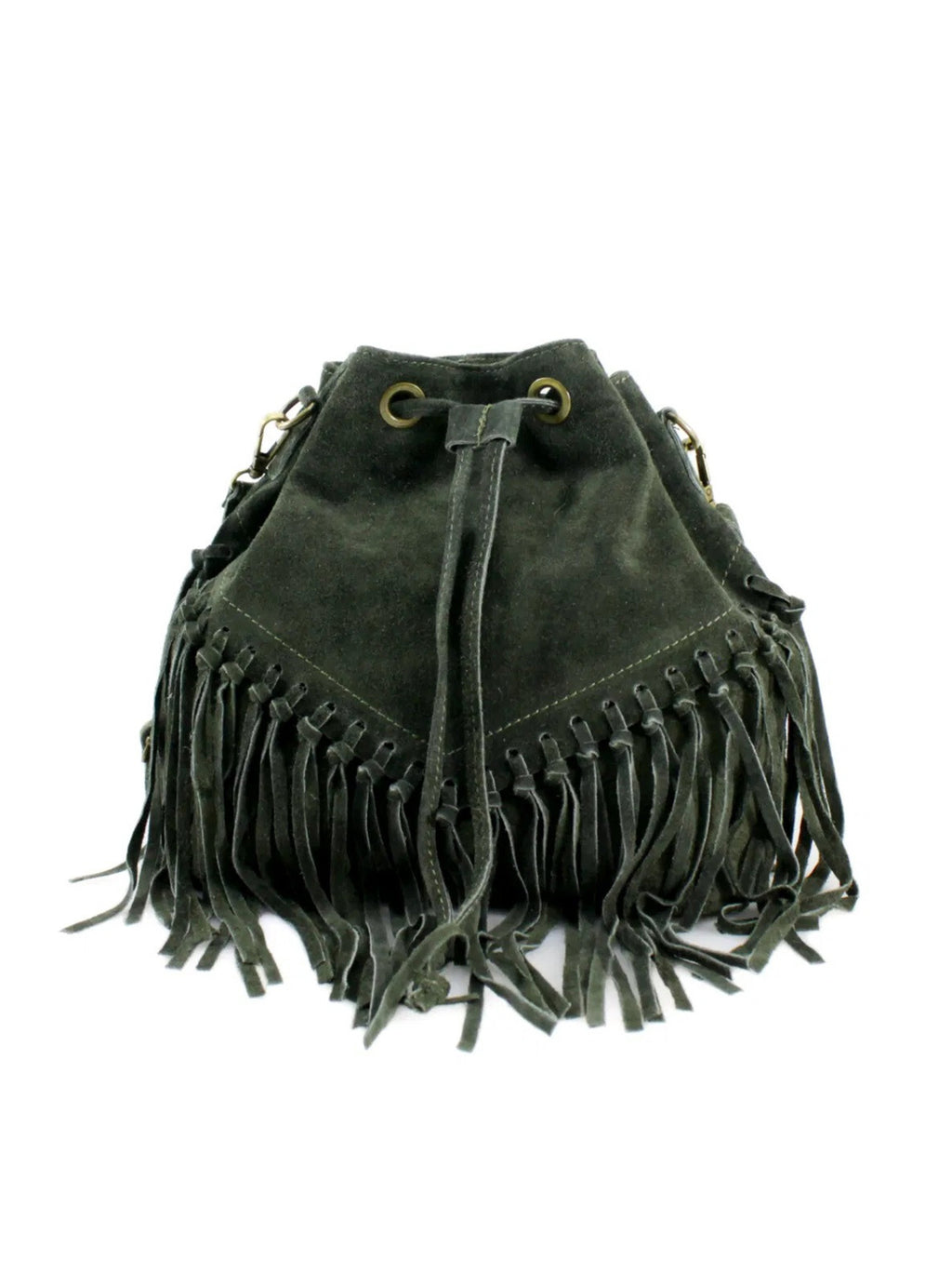 Suede Leather Fringed Bucket Bag | Khaki