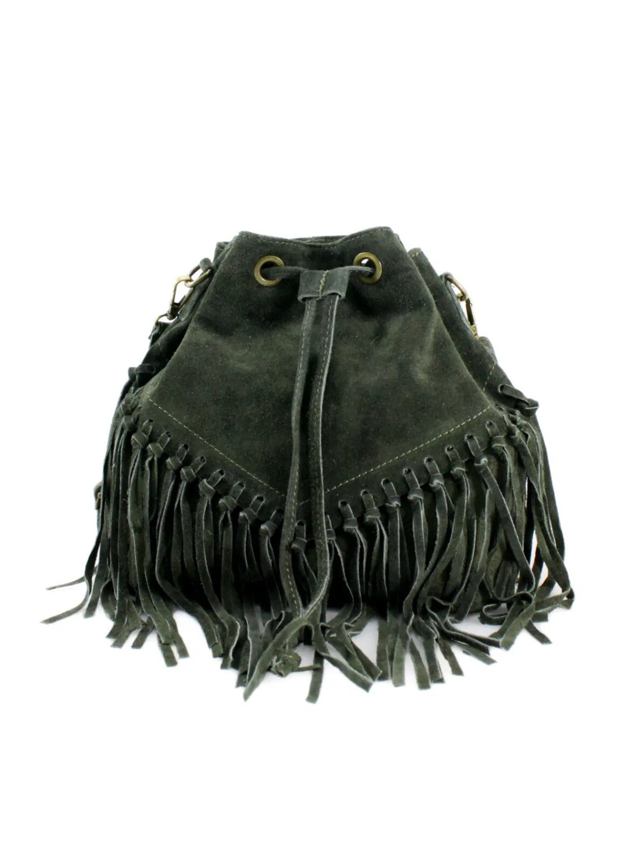 Suede Leather Fringed Bucket Bag | Khaki