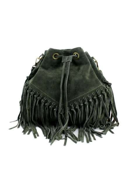 Suede Leather Fringed Bucket Bag | Khaki