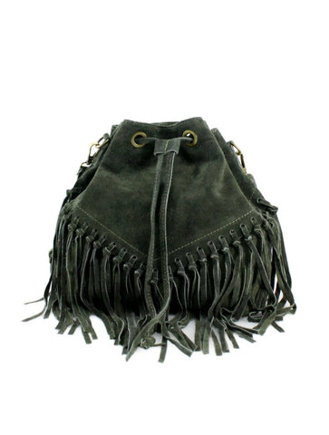 Suede Leather Fringed Bucket Bag | Khaki