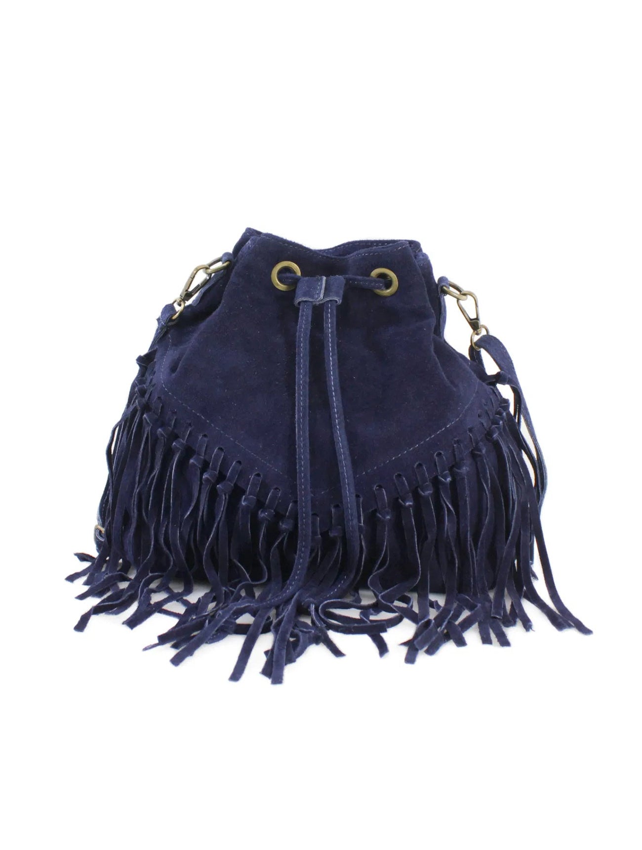 Suede Leather Fringed Bucket Bag | Navy