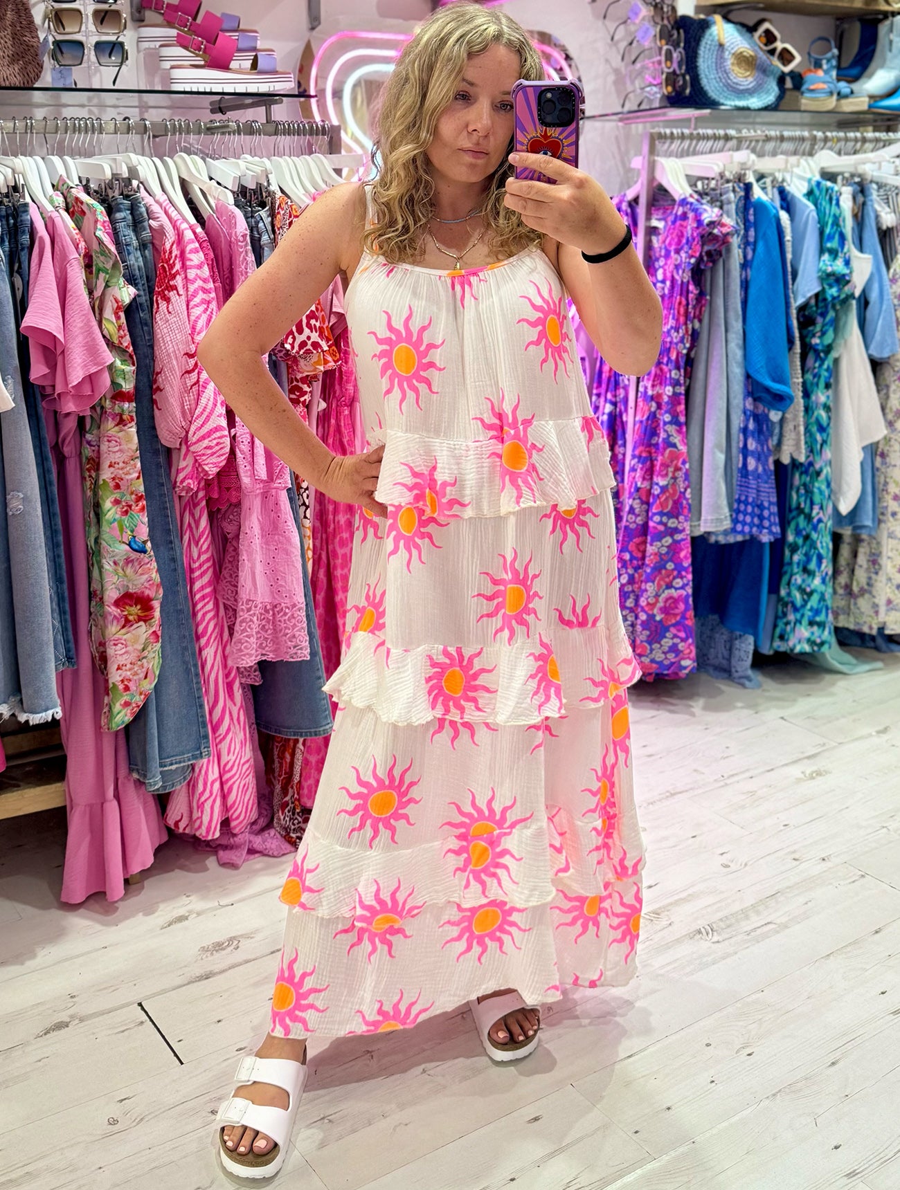 Sun Print Tiered Maxi Dress | White/Pink