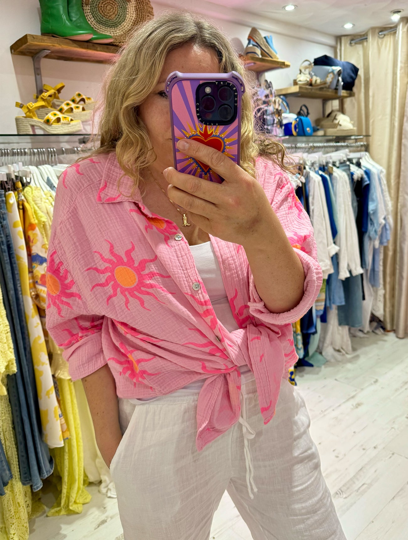 Sun Print Cotton Cheesecloth Shirt | Pink/Orange