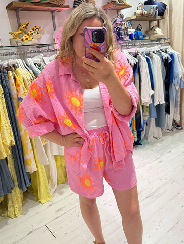 Sun Print Cotton Cheesecloth Shirt | Pink/Orange/Yellow