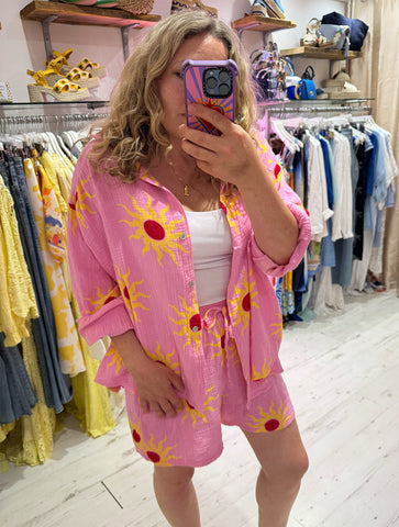 Sun Print Cotton Cheesecloth Shirt | Pink/Yellow/Red