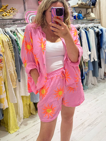 Sun Print Cotton Cheesecloth Shorts | Pink/Orange/Yellow
