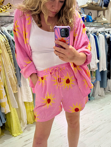 Sun Print Cotton Cheesecloth Shorts | Pink/Yellow/Red