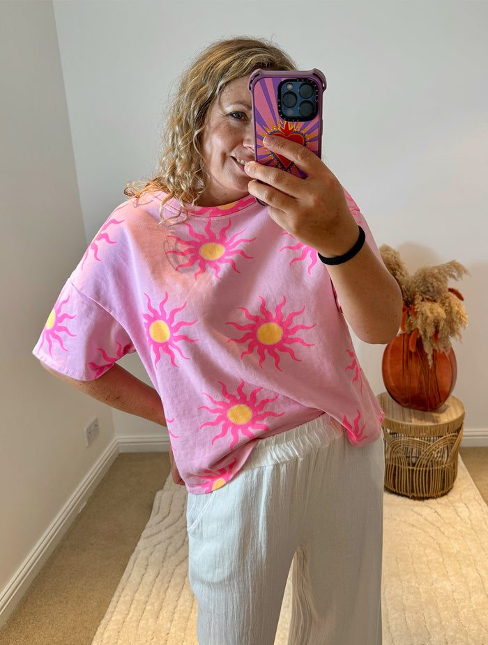Sun Print Short Sleeved Sweatshirt | Pink/Neon Pink