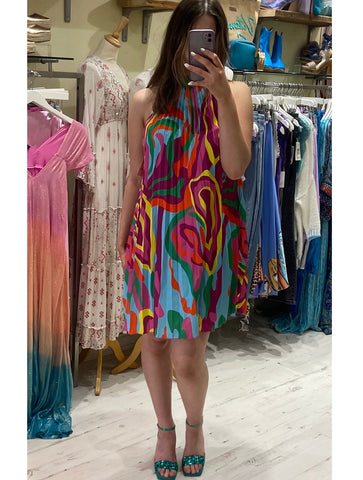 Colourful Retro Print Short Halter Dress