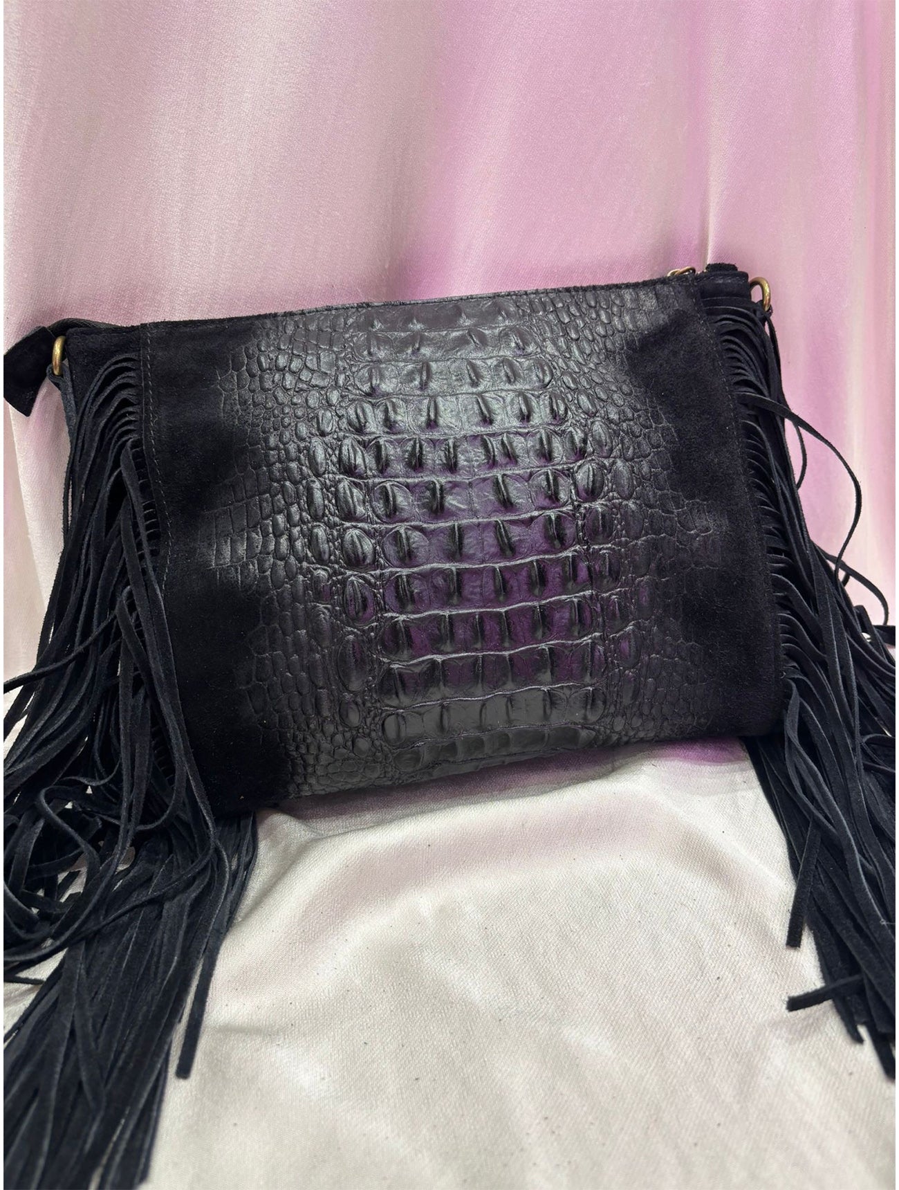 Leather Croc Detail Suede Tassel Crossbody Bag | Black