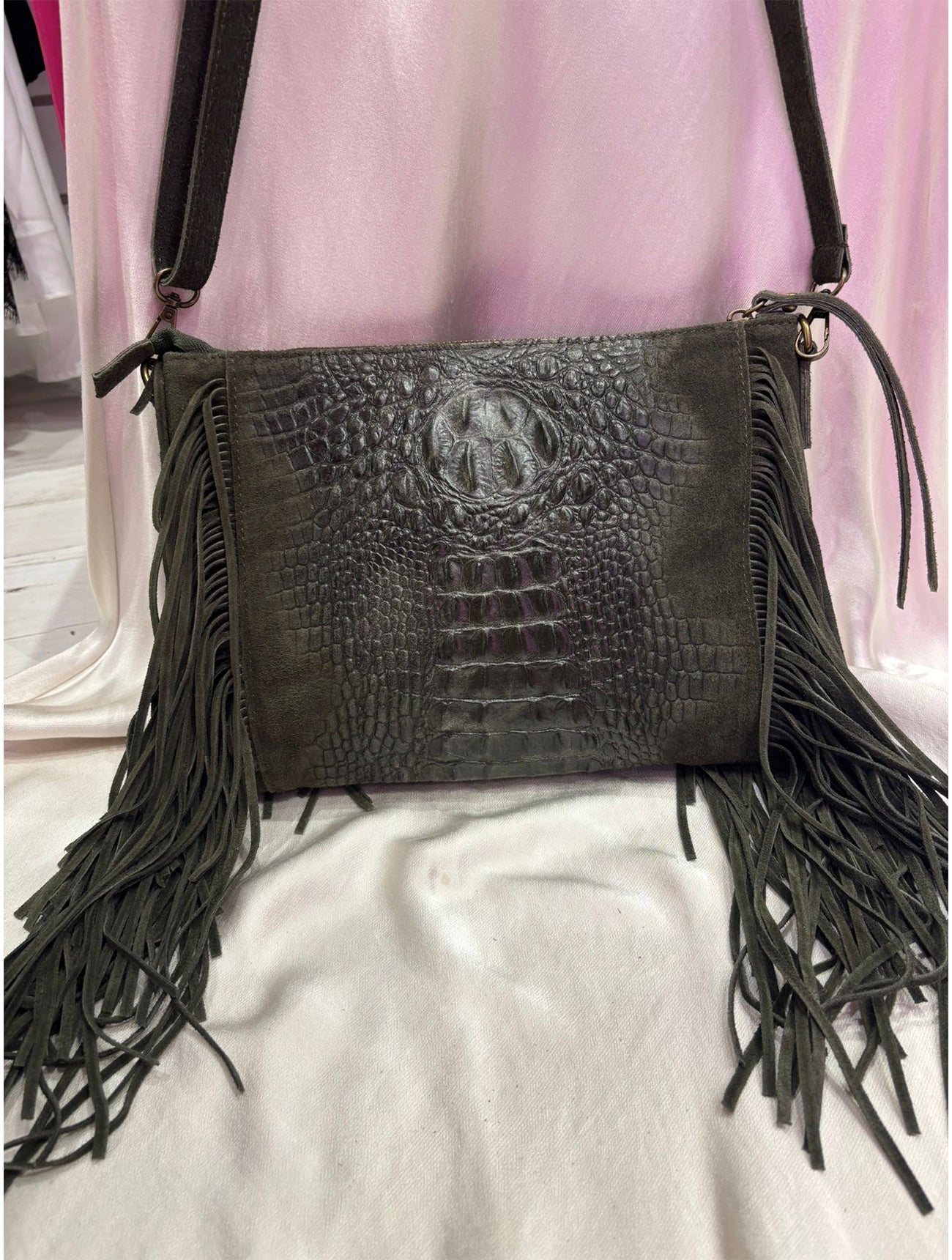 Leather Croc Detail Suede Tassel Crossbody Bag | Khaki Green