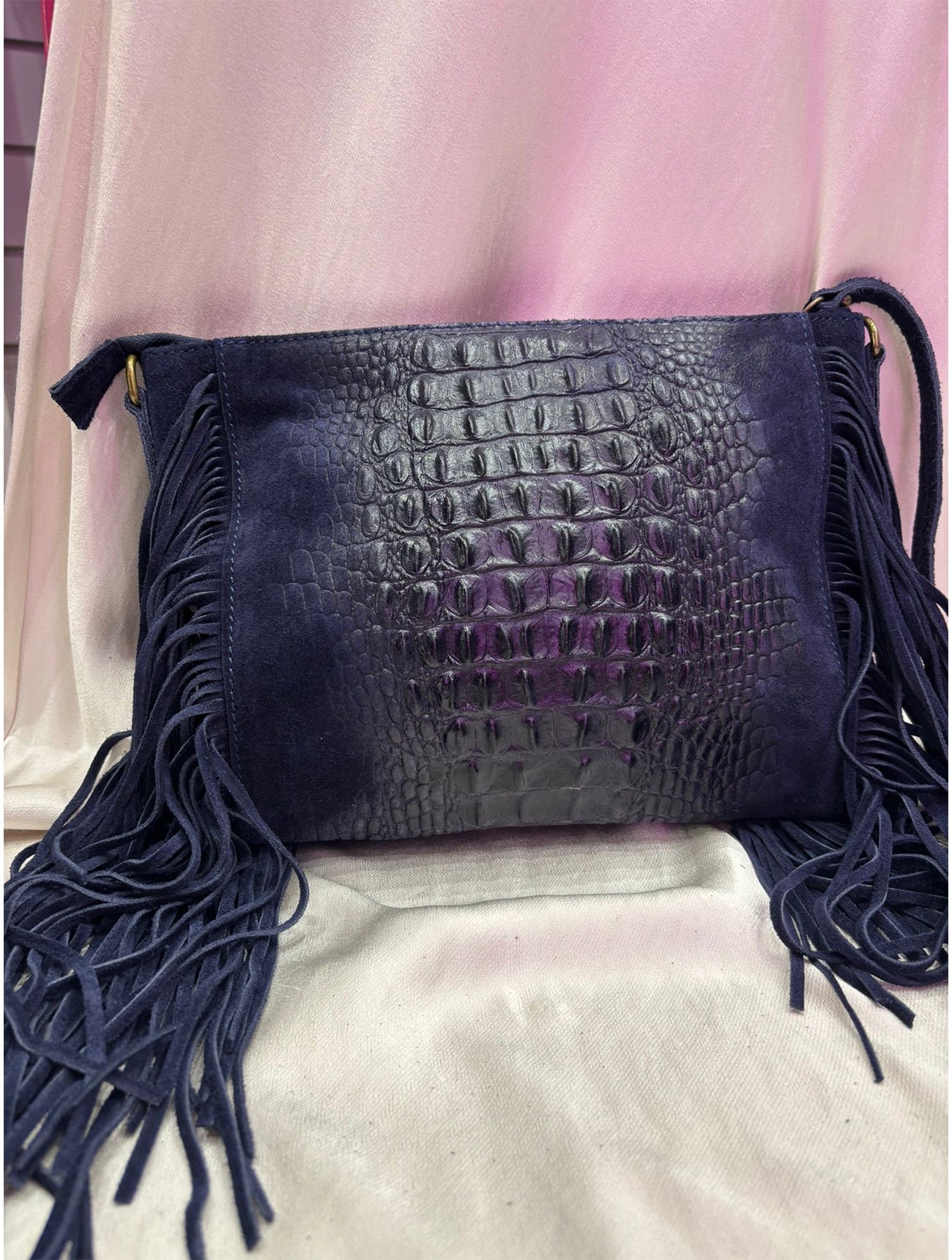 Leather Croc Detail Suede Tassel Crossbody Bag | Navy