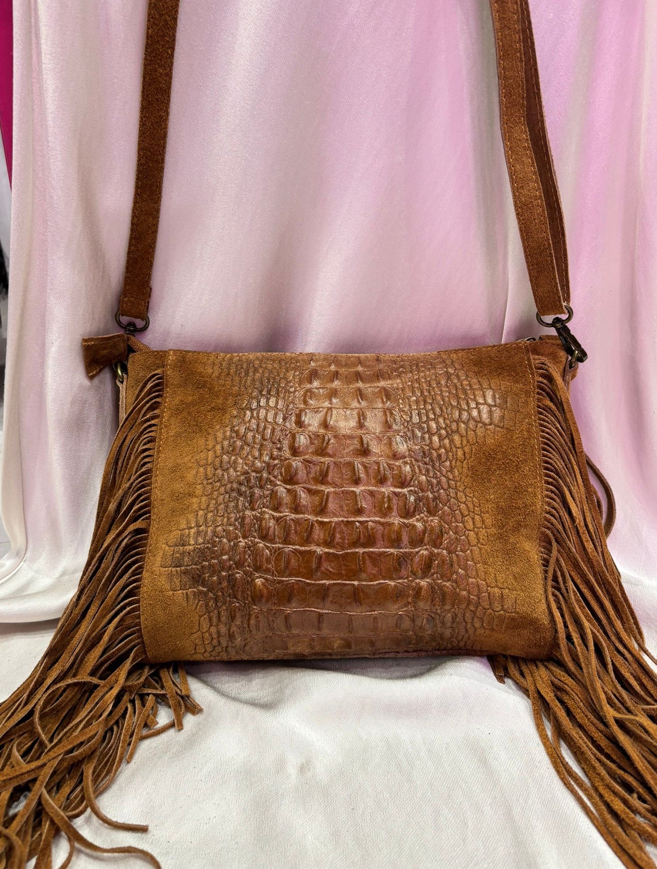 Leather Croc Detail Suede Tassel Crossbody Bag | Tan