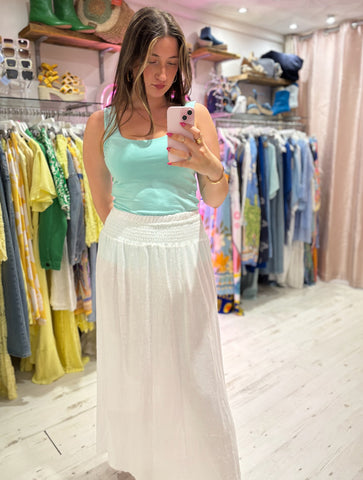 Linen Mix Tea Bag Midi Skirt | White