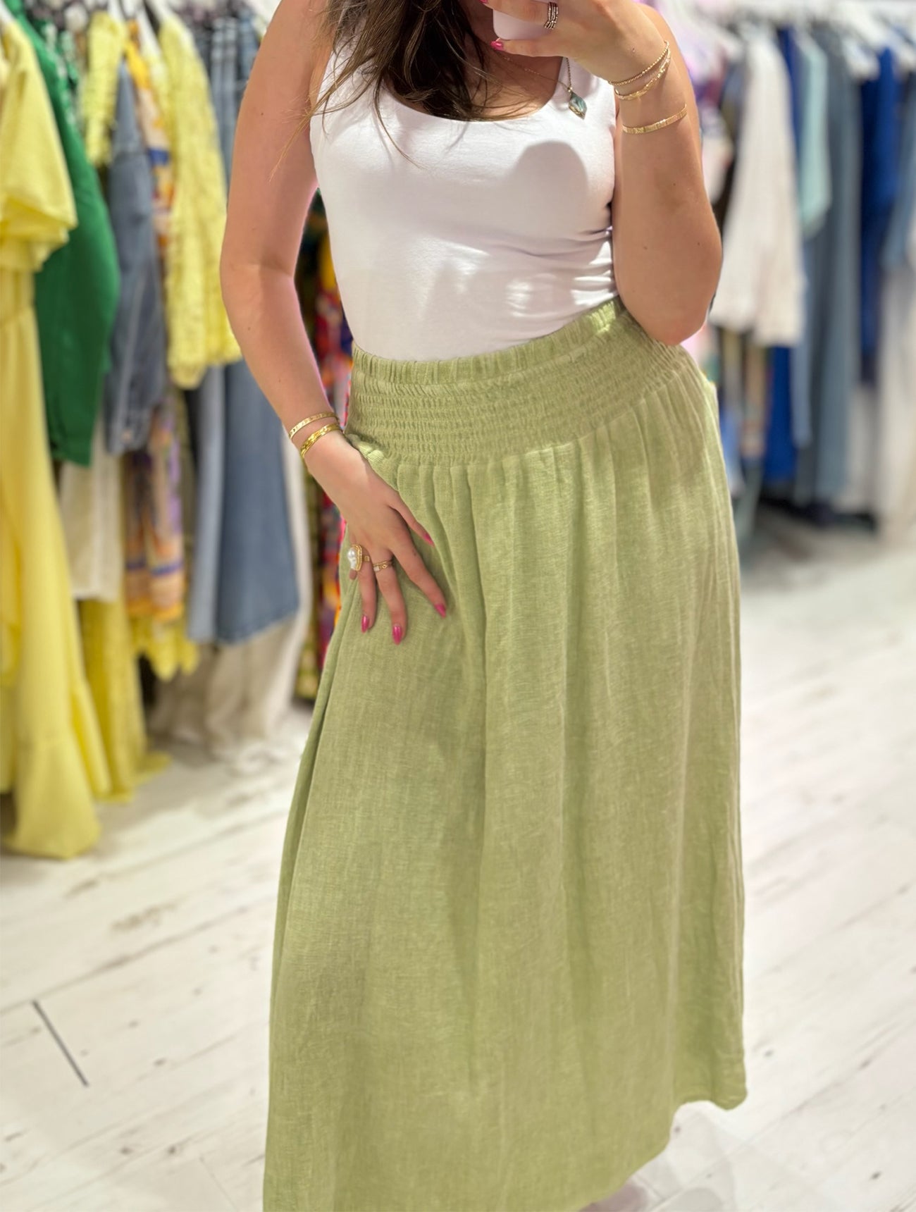 Linen Mix Tea Bag Midi Skirt | Washed Green