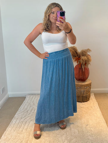 Linen Mix Tea Bag Midi Skirt | Denim Blue