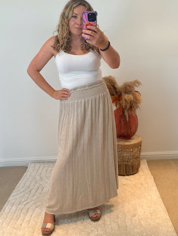 Linen Mix Tea Bag Midi Skirt | Oatmeal