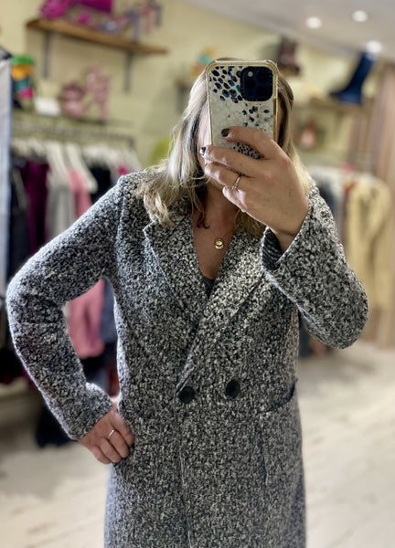 Lightweight Boucle Coat | Black and White Marl