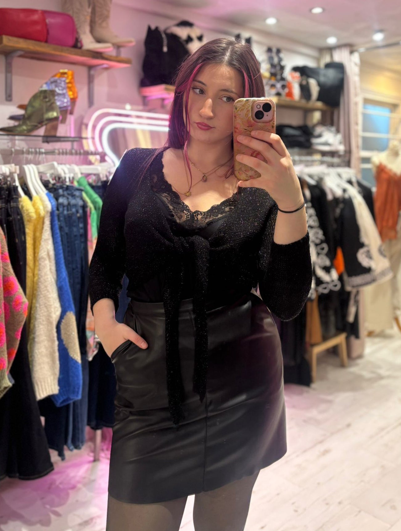 Metallic Knit Tie Front Cardigan | Black