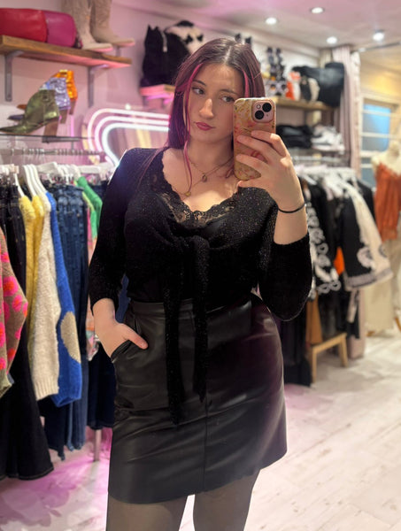 Metallic Knit Tie Front Cardigan | Black