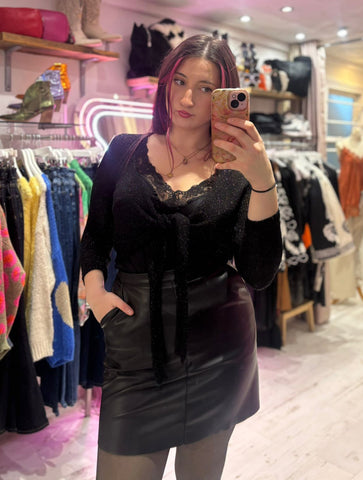 Metallic Knit Tie Front Cardigan | Black