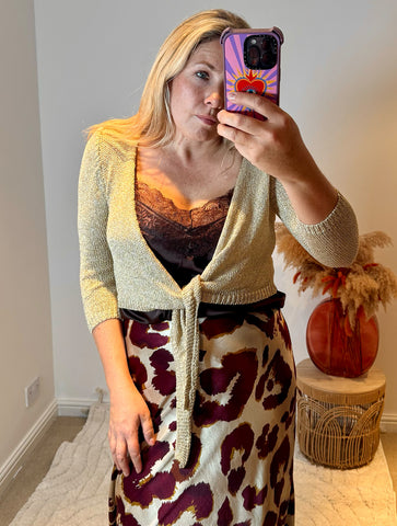 Metallic Knit Tie Front Cardigan | Gold