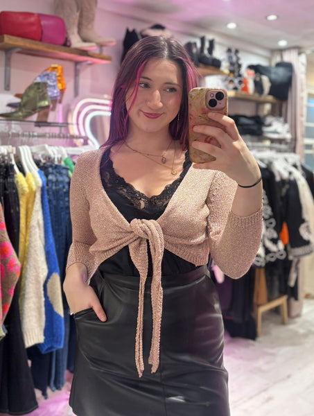 Metallic Knit Tie Front Cardigan | Rose Gold
