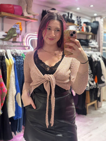Metallic Knit Tie Front Cardigan | Rose Gold