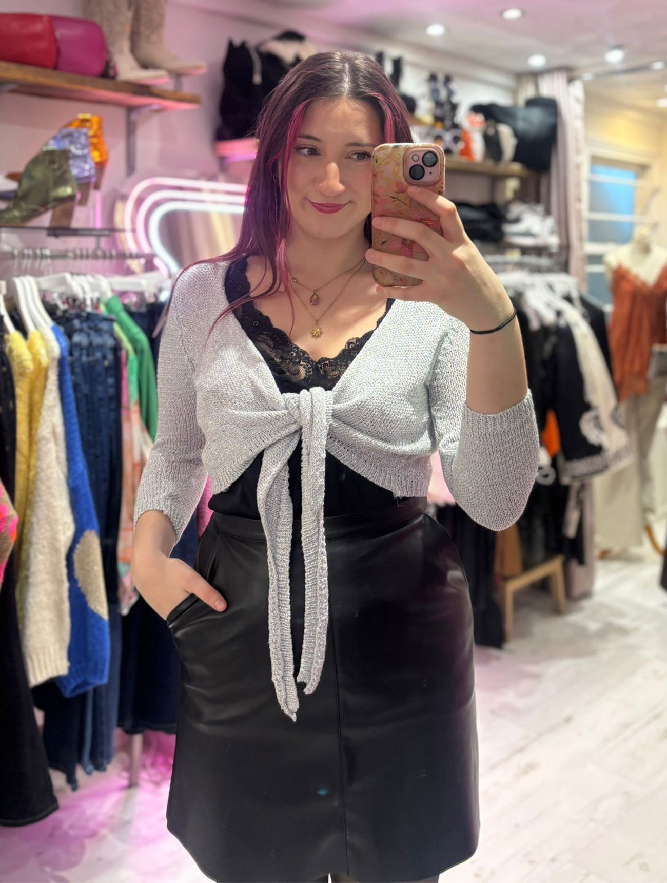 Metallic Knit Tie Front Cardigan | Silver